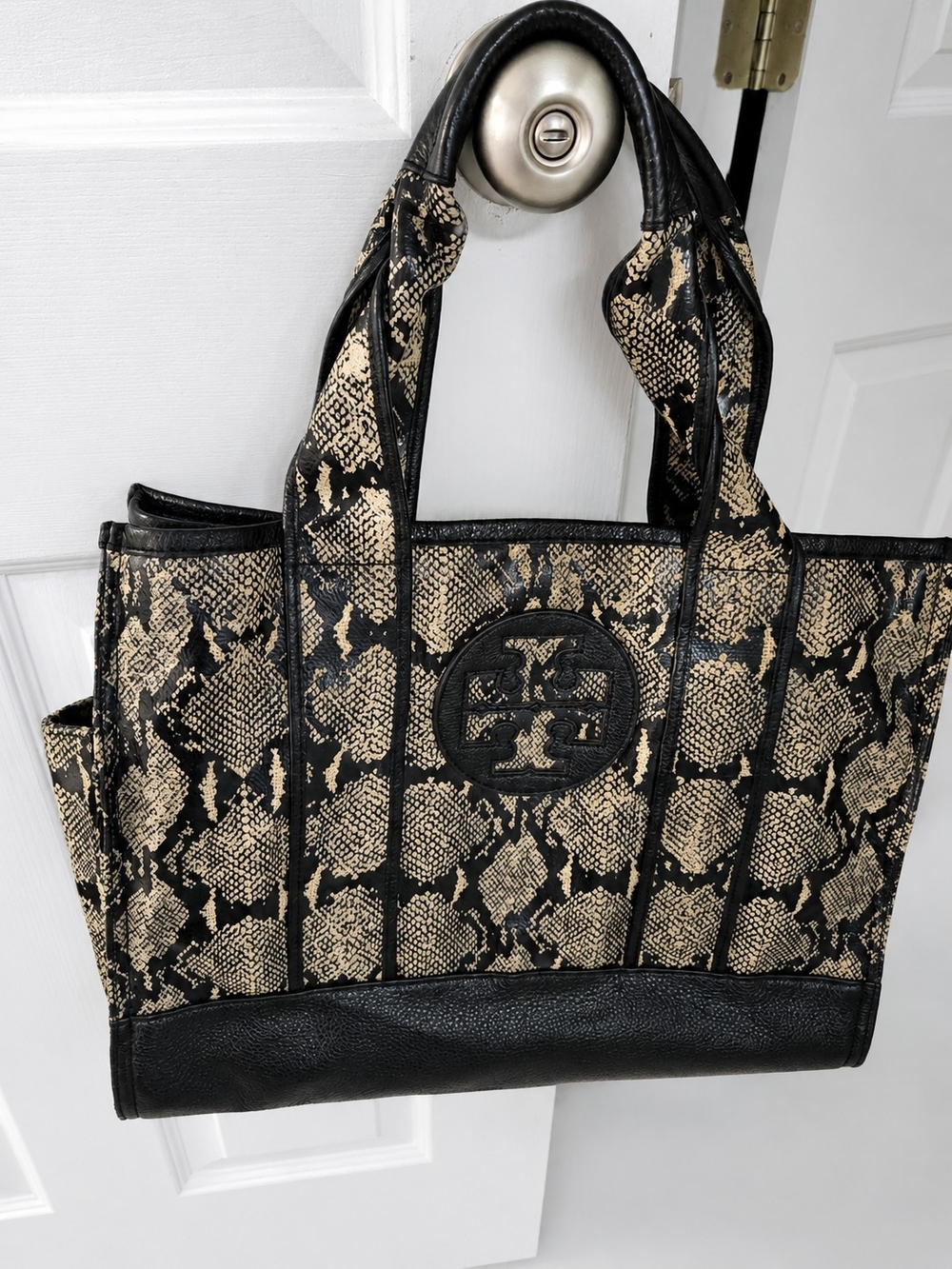 Tory Burch Black & Beige Snake-Print Tote Bag